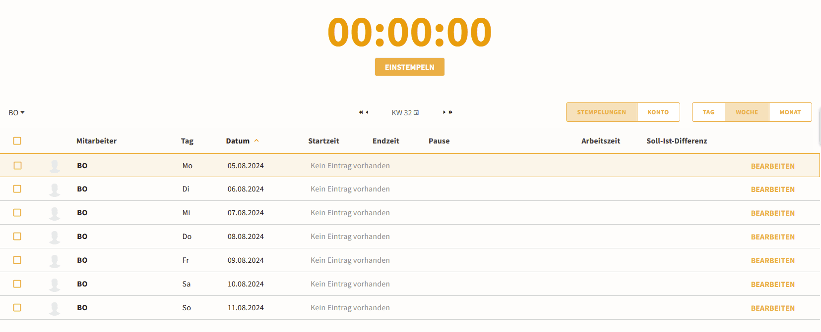 Die Zeiterfassungsansicht von Crewmeister
