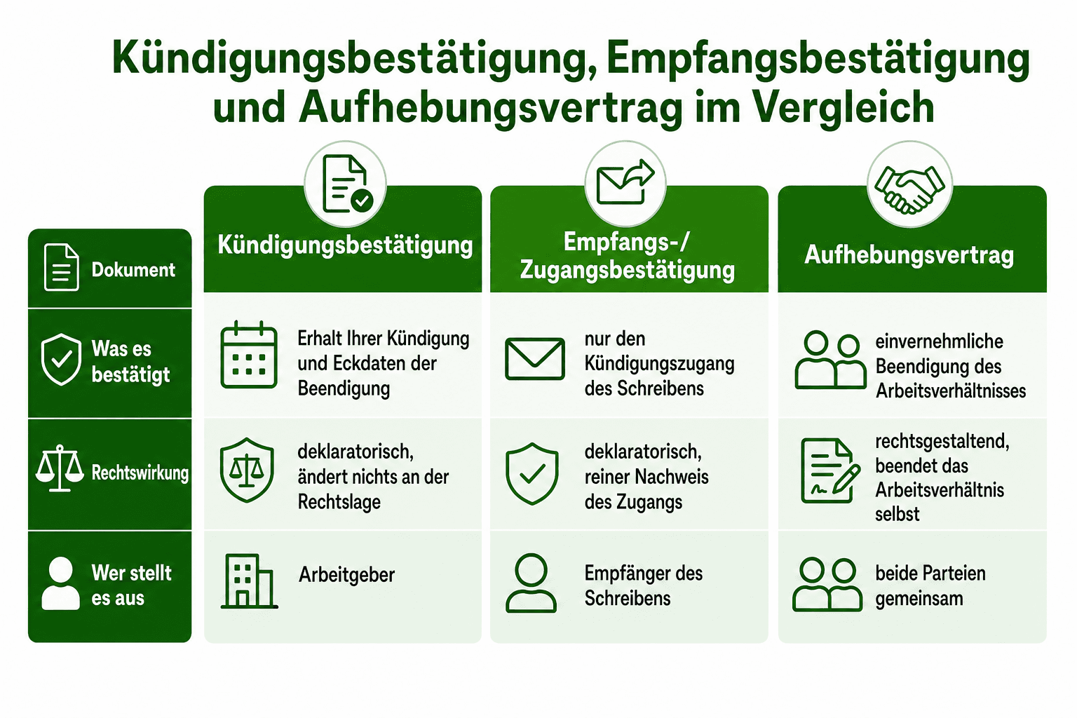 Infografik: Kündigungsbestätigung, Empfangsbestätigung und Aufhebungsvertrag im Vergleich Dokument: Kündigungsbestätigung | Was es b...