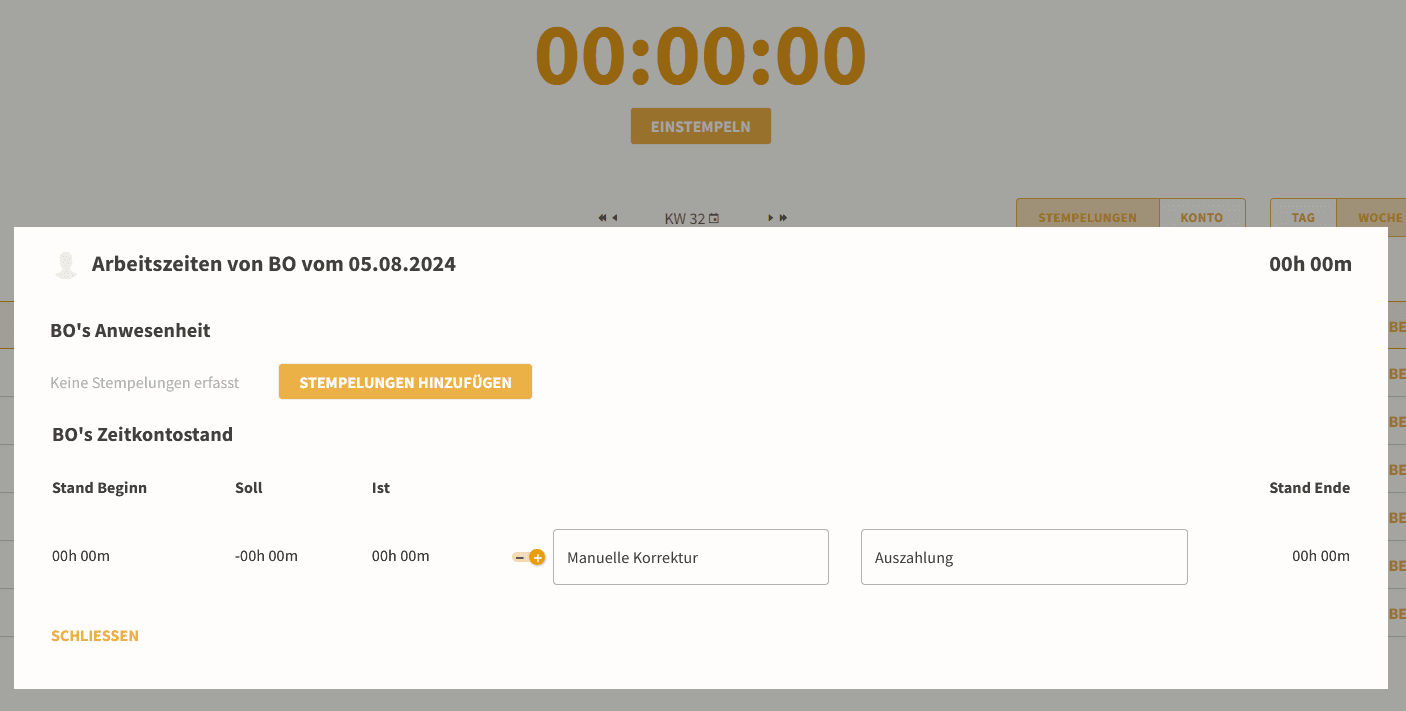 Einzelansicht der Zeiterfassung eines Mitarbeiters