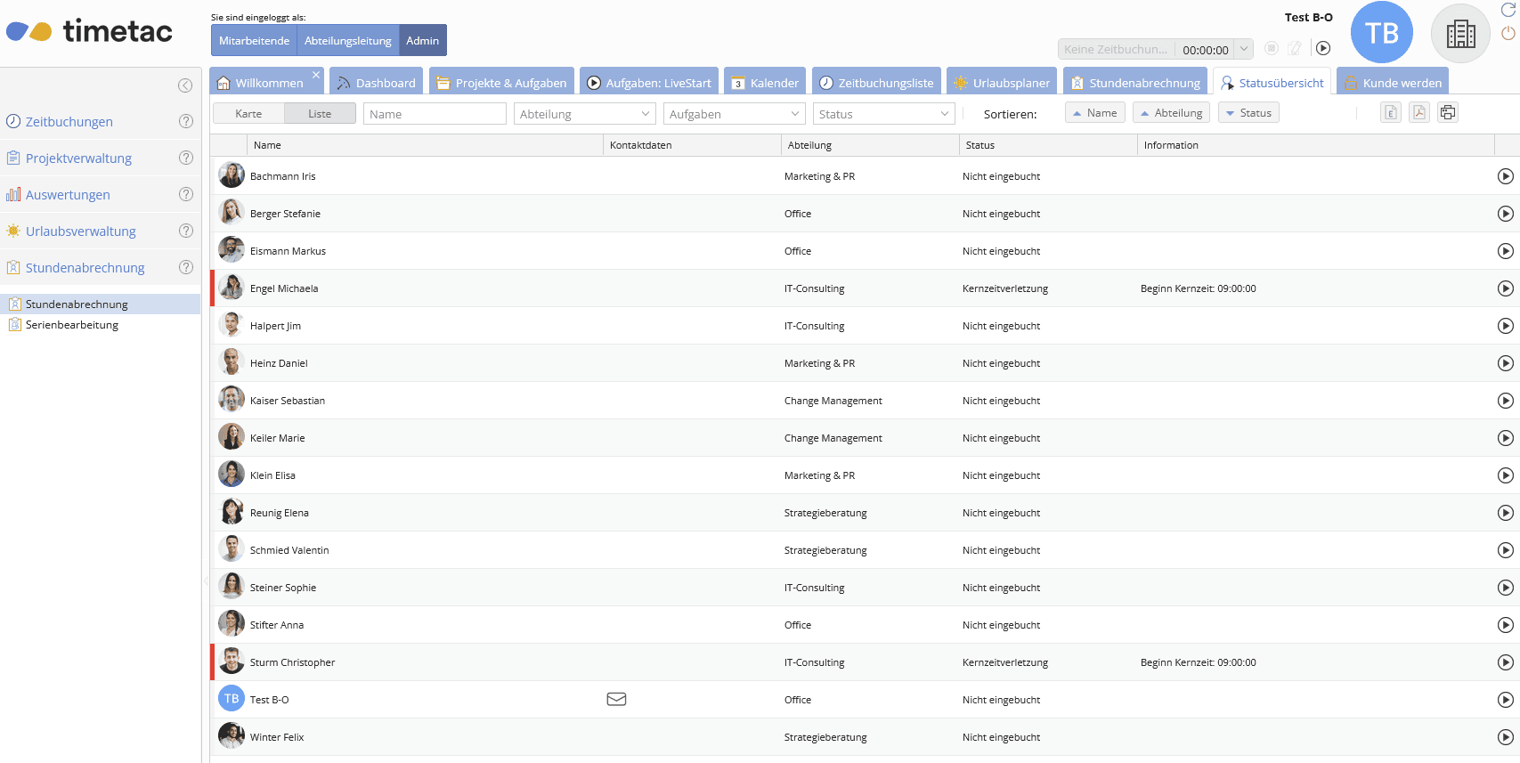 Die Mitarbeiterübersicht von Timetac