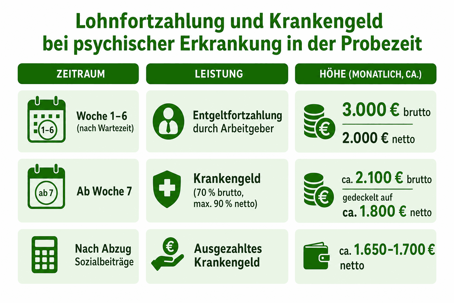 Infografik: Lohnfortzahlung und Krankengeld bei psychischer Erkrankung in der Probezeit Zeitraum: Woche 1–6 (nach Wartezeit) | Leist...