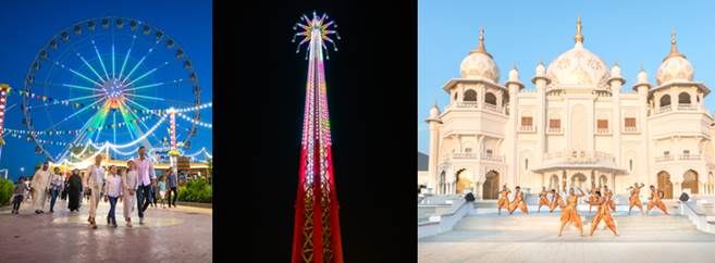 Attraktionen in den Bollywood Parks Dubai: von links: *Wheel of Stars * Bollywood Skyflyer * Rajmahal...